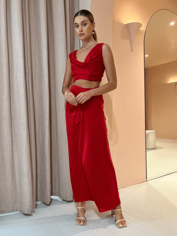 One Fell Swoop Marni Crop and Review Skirt. A red set with ruching for rent.