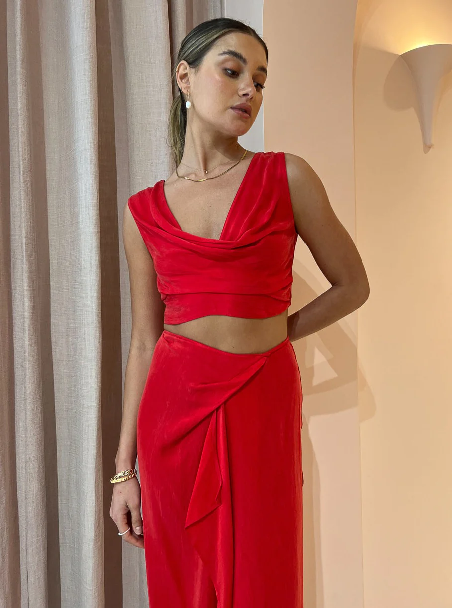 One Fell Swoop Marni Crop and Review Skirt. A red set with ruching for rent.