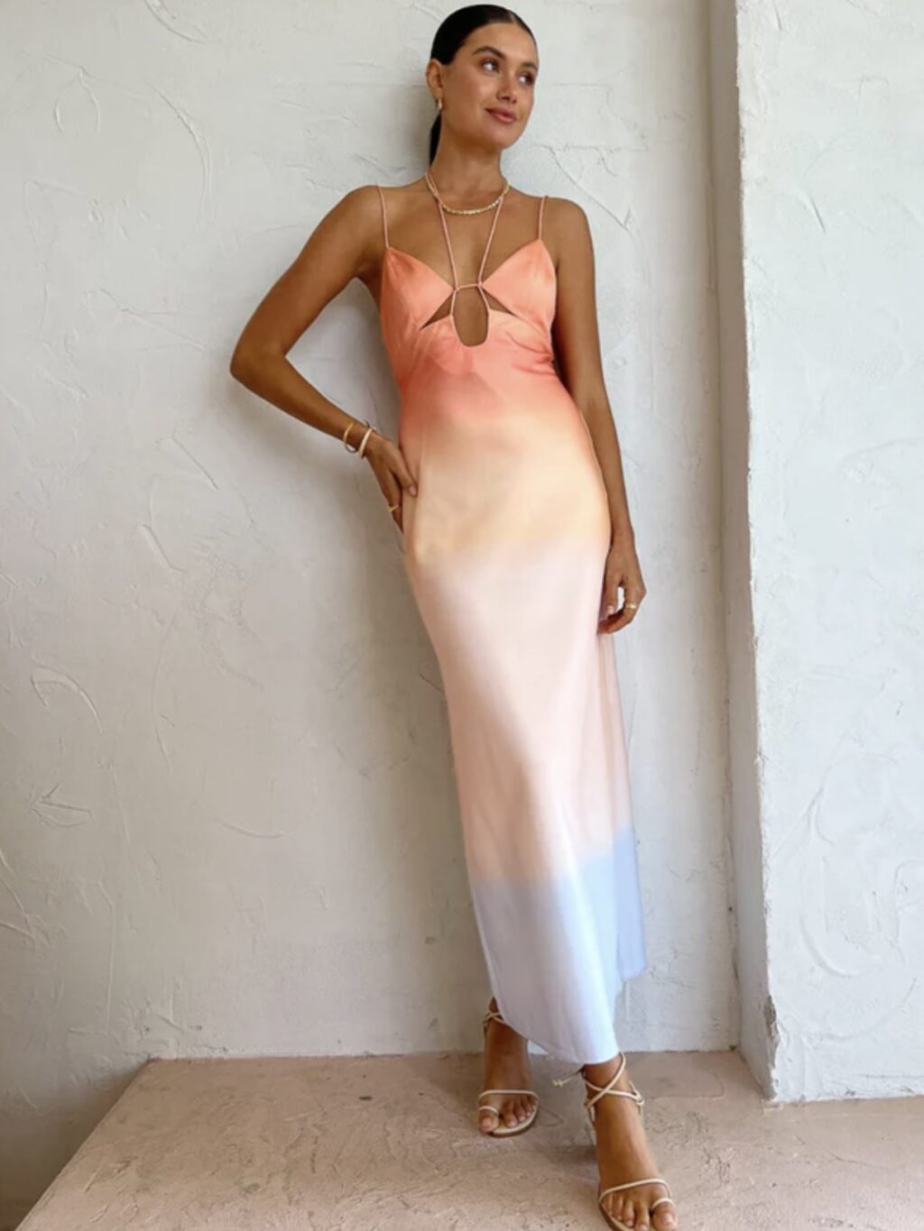 Significant Other Kali Midi Dress for hire. A multicolour peach pastel maxi dress in silk/satin.