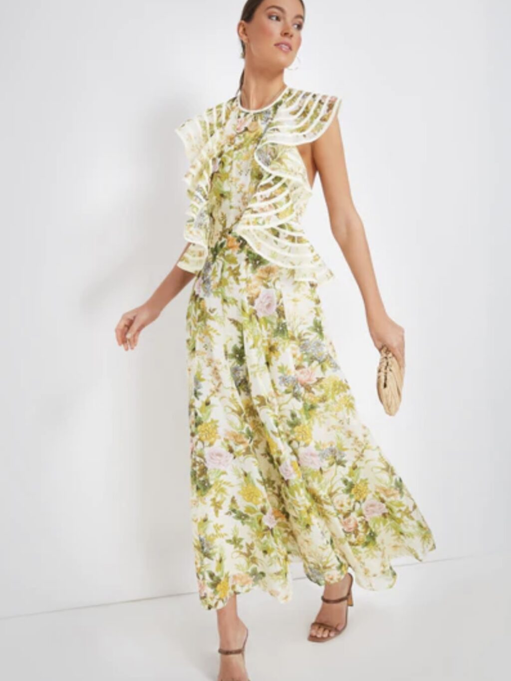 Alemais Eden Flounce Midi Dress. Floral yellow garden party dress for hire.
