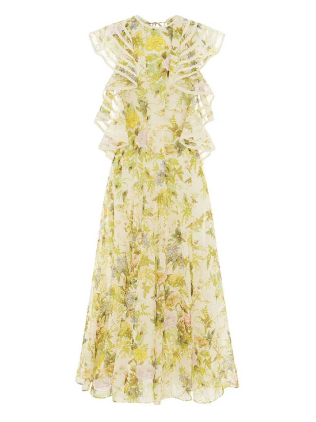 Alemais Eden Flounce Midi Dress. Floral yellow garden party dress for hire.