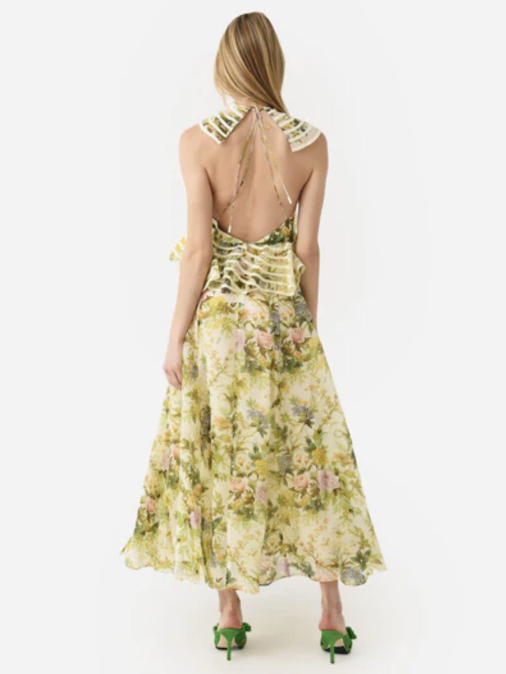 Alemais Eden Flounce Midi Dress. Floral yellow garden party dress for hire.