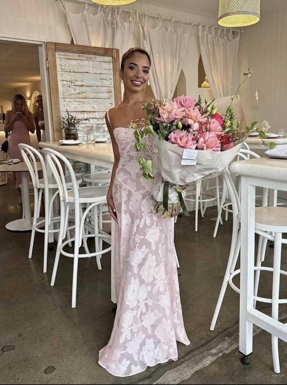 long fancy maxi dresses Long Floral-Print Prom Dress with Puff Sleeves Cream / 6