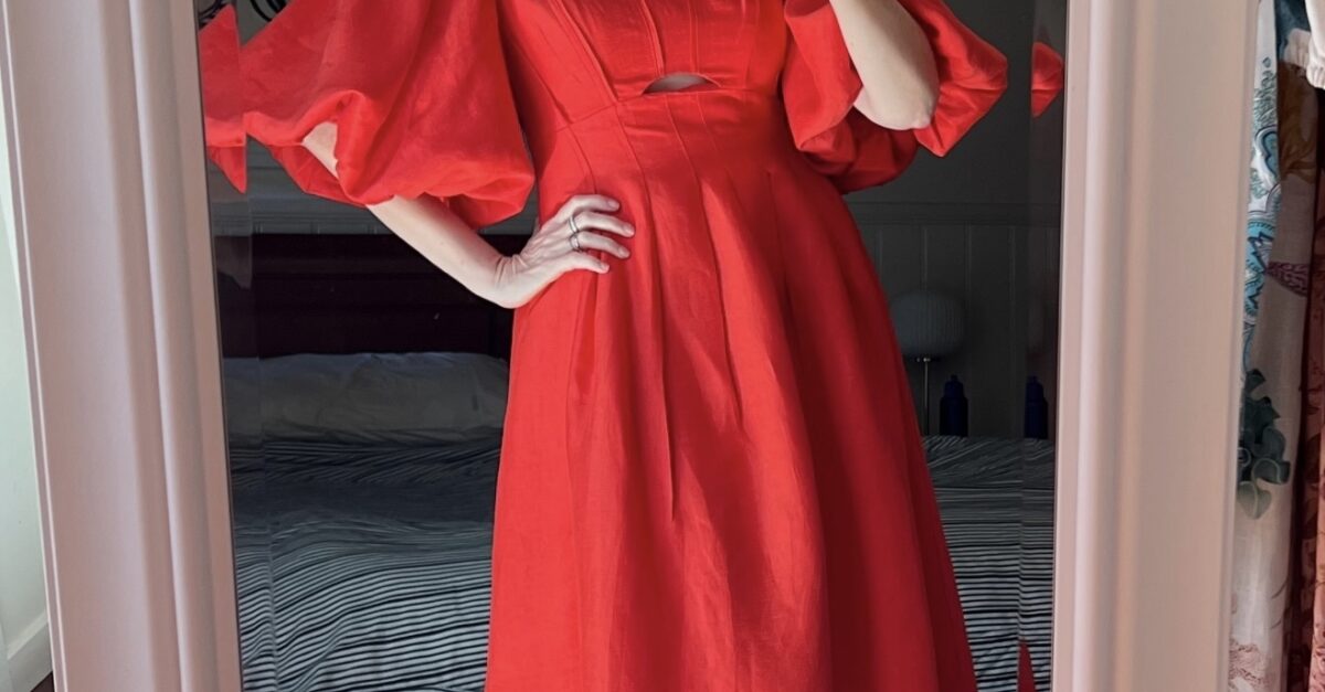 Aje Eugenie Off Shoulder Midi Dress Red Size 12  Rent a Dress